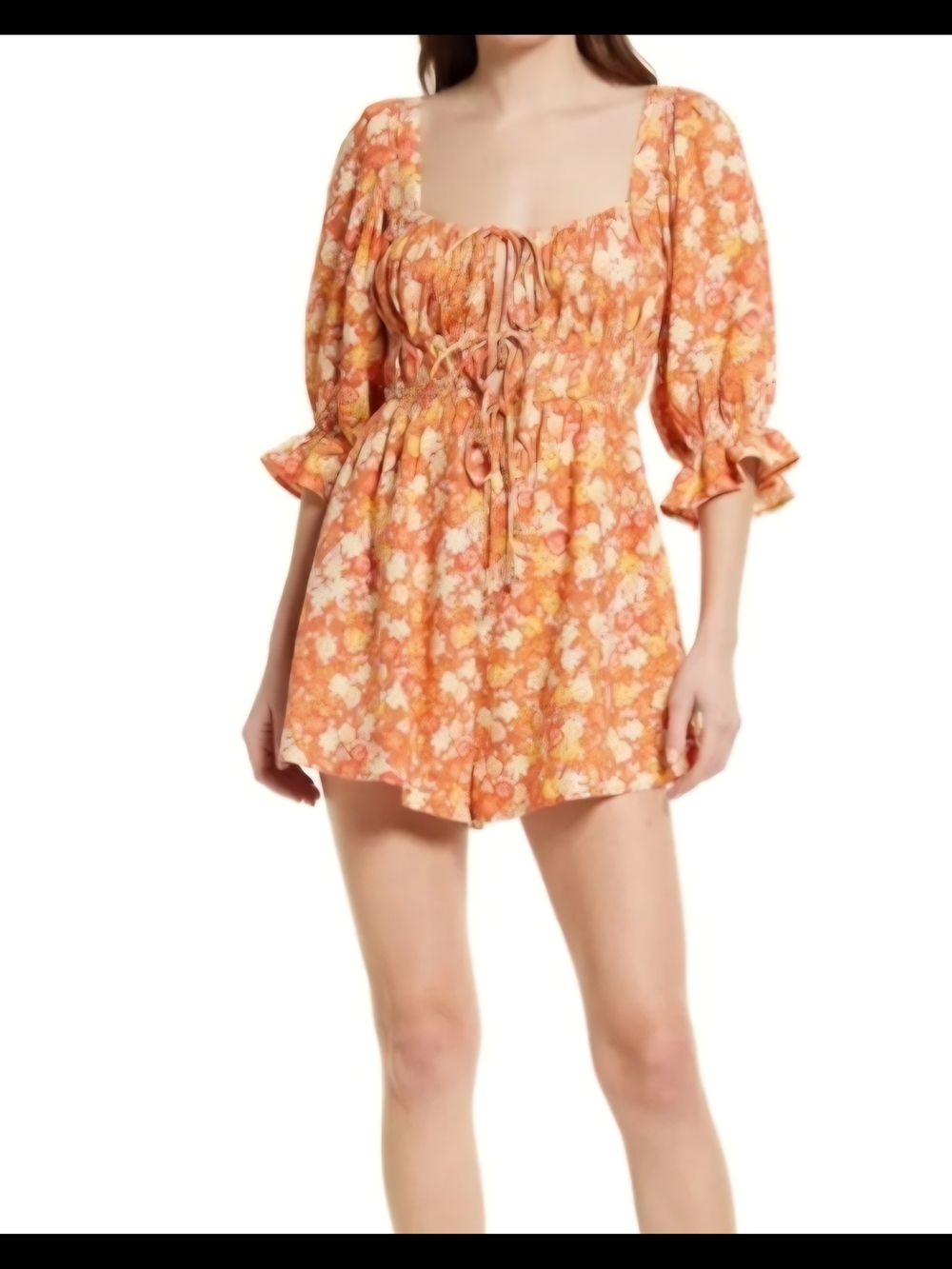 Free People Orange Floral Tie-Front Mini Romper